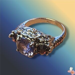 Gothic Deep Silver Tone Amethyst CZ Ring Red Accents Statement Size 8 291